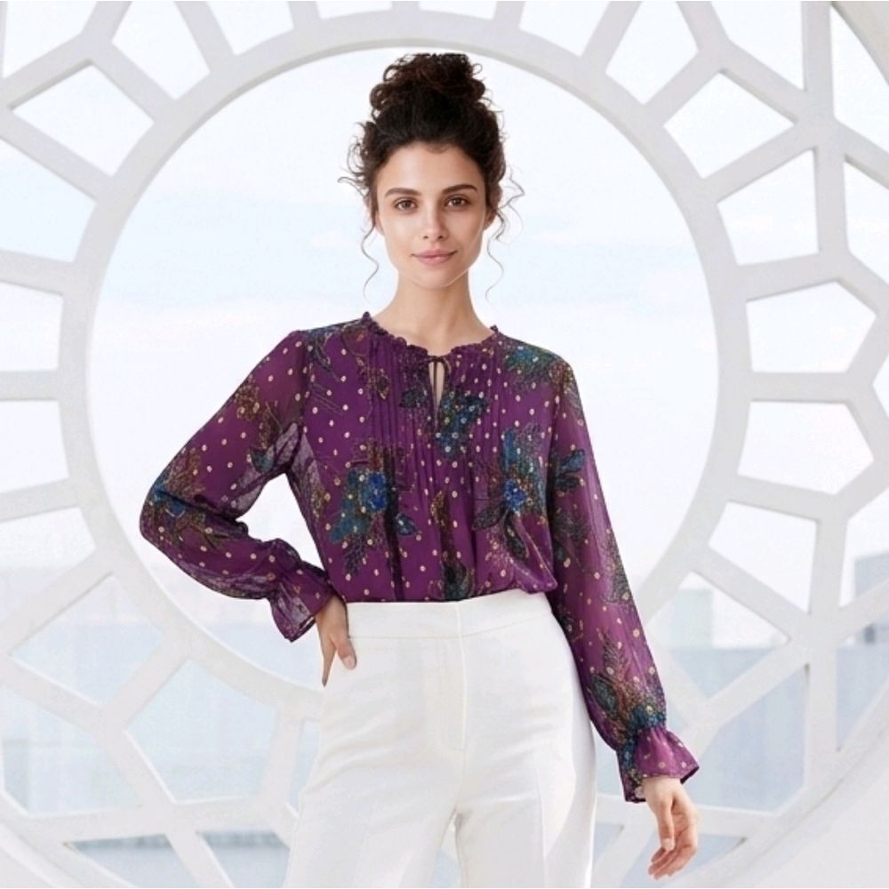 Liz Claiborne Career Blouse + Cami Purple Floral Sheer Pleated Long Sleeve Top
